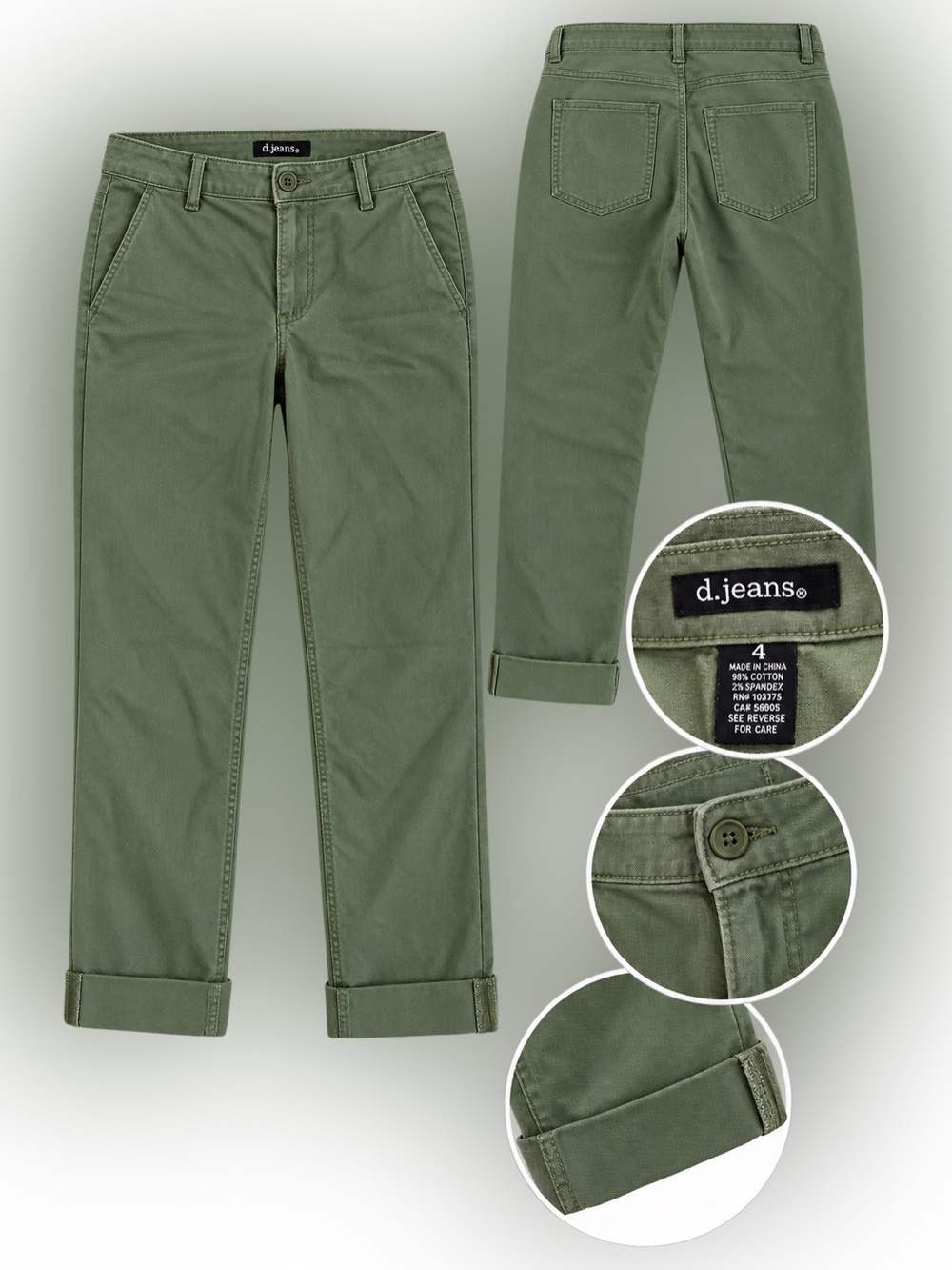 d.jeans Olive Green Utility Chino Pants Women’s Size 4 Cuffed Casual